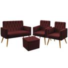 Kit Poltrona Namoradeira e 2 Poltronas Decorativas Nina Rodapé E Capitonê com Puff Quasar Botões Suede Bordô Aradecor