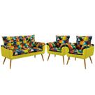 Kit Poltrona Namoradeira e 2 Poltronas Decorativas Opala Sued Estampado Colorido com Amarelo Aradecor