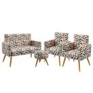 Kit Poltrona Namoradeira e 2 Poltronas Decorativas Vega Rodapé com Puff Solar Sued Estampado Laranja Aradecor