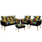 Kit Poltrona Namoradeira e 2 Poltronas Estofadas Opala com Puff Lunar Sued Estampado Colorido com Preto Aradecor