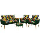 Kit Poltrona Namoradeira e 2 Poltronas Estofadas Opala com Puff Lunar Sued Estampado Colorido com Verde Aradecor Kit Poltrona Namoradeira e 2 Poltronas Estofadas Opala com Puff Lunar Sued Estampado Colorido com Verde Aradecor