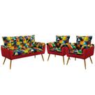 Kit Poltrona Namoradeira e 2 Poltronas Estofadas Opala Sued Estampado Colorido com Vermelho Aradecor