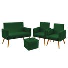 Kit Poltrona Namoradeira e 2 Poltronas Nina Rodapé com Puff Quasar Suede Verde Aradecor