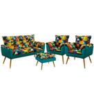 Kit Poltrona Namoradeira e 2 Poltronas Opala com Puff Lunar Suede Estampado Colorido com Azul Turquesa Aradecor