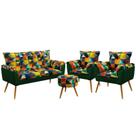 Kit Poltrona Namoradeira e 2 Poltronas Opala com Puff Solar Sued Estampado Colorido com Verde Aradecor