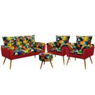 Kit Poltrona Namoradeira e 2 Poltronas Opala com Puff Solar Sued Estampado Colorido com Vermelho Aradecor Kit Poltrona Namoradeira e 2 Poltronas Opala com Puff Solar Sued Estampado Colorido com Vermelho Aradecor