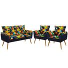 Kit Poltrona Namoradeira e 2 Poltronas Opala Suede Estampado Colorido com Azul Marinho Aradecor