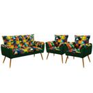 Kit Poltrona Namoradeira e 2 Poltronas Opala Suede Estampado Colorido com Verde Aradecor