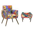 Kit Poltrona Nina e Puff Retangular Pés Madeira Suede Patchwork - DS Estofados
