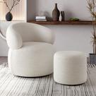 Kit Poltrona Orgânica Giratória Eloah + Puff Ello Bouclé Italiano Decoração Sala Luxo - Off-white