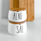 Kit Porta Alho e Saleiro Cerâmica e tampa Bambu Branco 600ml Kit Porta Alho e Saleiro Cerâmica e tampa Bambu Branco 600ml