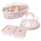 Kit Porta Pães, Porta Frios com Divisória e Queijeira com base de Rosca e Tampa Decorada 3 peças rosa Plasutil