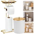Kit Porta Papel 3 Rolos Apoio Celular Lixeira Redonda 5 Litros Branco E Dourado Banheiro Lavabo