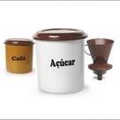 Kit Pote Mantimento Açúcar Café E Porta Filtro Com Adaptador Marrom E Branco Kit Pote Mantimento Açúcar Café E Porta Filtro Com Adaptador Marrom E Branco
