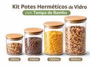 Kit Pote Organizador Hermético Vidro Tampa Bambu Cozinha Moderna Premium