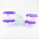Kit Potes 001 sortido transparente com tampa colorida verde-claro e roxo Kit Potes 001 sortido transparente com tampa colorida verde-claro e roxo