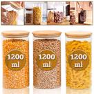 Kit Potes Porta Mantimento Frasco De Vidro Herméticos Tampa de Bambu Natural
