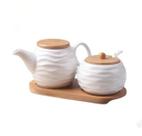 Kit Potes Temperos Galheteiro Bulinho Cerâmico E Bambu 3pçs