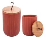 Kit Potiche Decorativo De Cerâmica Com Tampa De Bambu F7156