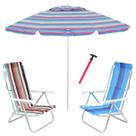Kit Praia 2 Cadeira 8 Pos Alumínio Guarda Sol 2,4m Rosa Saca Areia Pressão - Belfix