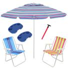 Kit Praia 2 Cadeira Alta Guarda Sol 2,4m Rosa 2 Mesa Portátil Saca Areia Pressão - Belfix