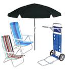 Kit Praia 2 Cadeira Alumínio Guarda Sol 2m Bagum Preto Carrinho De Praia Com Avanço - Belfix Kit Praia 2 Cadeira Alumínio Guarda Sol 2m Bagum Preto Carrinho De Praia Com Avanço - Belfix