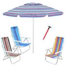 Kit Praia 3 Cadeira 8 Pos Alumínio Guarda Sol 2,4m Rosa Saca Areia Pressão - Belfix