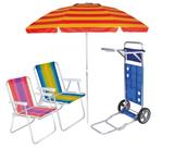 Kit Praia Carrinho Com Avanço + 2 Cadeira Alta Aluminio + Guarda Sol 2,4m - Mor