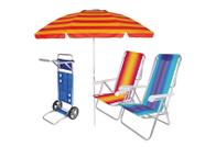 Kit Praia Carrinho De Praia + 2 Cadeira Reclinável 8 Pos Alum + Guarda Sol 2,4 Metros- Mor