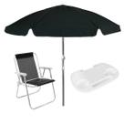 Kit Praia Guarda-sol grande preto + Cadeira de Praia Alta Mormaii e Suporte de Copos Verão Bel