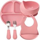 Kit Pratinho Bowl Babador Colher E Garfo Em Silicone E Inox Rosa Bebê Papinha BLW Buba