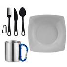 Kit Prato Branco Quadrado 22x22cm + Talheres + Caneca