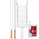 Kit Preparo Churrasco 4pcs Churrasqueira Grelha e Espetos 55cm Simples e Duplo Tabua de Corte