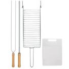 Kit Preparo Churrasco 4pcs Churrasqueira Grelha Espeto Simples e Duplo 65cm e Tabua de Corte Mor