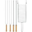 Kit Preparo Churrasco 5pcs Churrasqueira Grelha e Espetos 65cm Simples e Duplo Cabo Madeira Mor