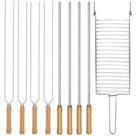 Kit Preparo Churrasco 9pcs Grelha e Espetos 65cm Simples e Duplo Cabo Madeira p/ Churrasqueira Mor