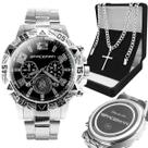 Kit Presente Masculino Relógio Analógico Prata Mostrador Preto com Corrente Grumet Aço Inoxidável Estilo Casual Social