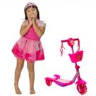 Kit Princesa Patinete de Cestinha 3 Rodinhas Gira o Guidão