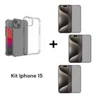 Kit Privacidade Com 1UN Capinha Transparente + 3UN Películas 3D De Vidro Anti Espião Para Iphone 15