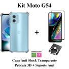 Kit Proteção Capinha Transparente + Película 3D de Vidro + Suporte de Anel para Moto G54