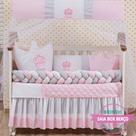 Kit Protetor Berço Americano Cabeceira Coroa Princesa Rosa Menina 12 peças com Saia berço e travesseiro
