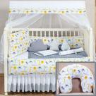 Kit Protetor Berço Animais Safari Cinza Menino e Menina 2 laterais 8 + Almofada Amamentação