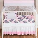 Kit Protetor Berço Classic Lateral 2Tranças Menina Rosa e Cinza com almofada nó escandinava 12 peças