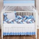 Kit Protetor Berço Classic Lateral 2Tranças Menino Azul e Cinza com almofada nó escandinava 12 peças