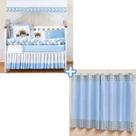 Kit Protetor Berço Completo Americano Urso Familia Azul Menino + Cortina Ilhós Triangulo 12 peças