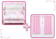 Kit Protetor Berço Completo Coroa Coroinha Menina Realeza Rosa 2 lat + Cortina Ilhos Rosa 1,5m 12 peças