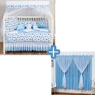 Kit Protetor Berço Completo Estampado Carrinho Azul 2 laterais 13 peças + Cortina Azul Slim Luxo