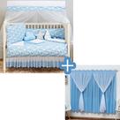 Kit Protetor Berço Completo Estampado Nuvem Azul Chuva de Benção 2 laterais 13 peças + cortina azul Baby