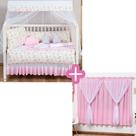 Kit Protetor Berço + Cortina Completo Estampado Ursa Baby Rosa laterais 100% Algodão