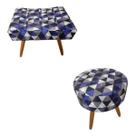 Kit Puff Retangular + Puff Redondo Decorativo Banqueta Pés de Madeira Palito Triangulo Roxo